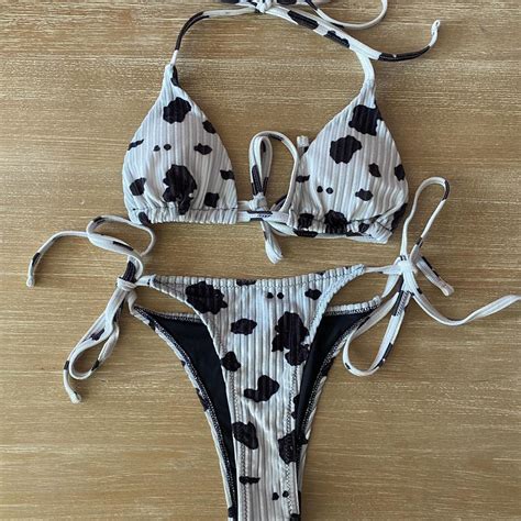 Shein Bikini Set Adorable Velvet Cow Print Bikini Depop