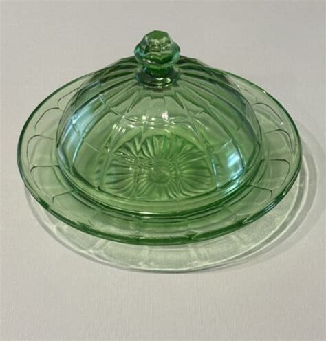 Htf Vintage Hazel Atlas Green Depression Glass Round Paneled Covered