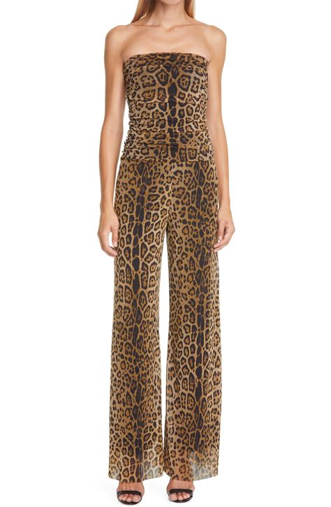 Fuzzi Womens Leopard Print Strapless Mesh Jumpsuit Editorialist