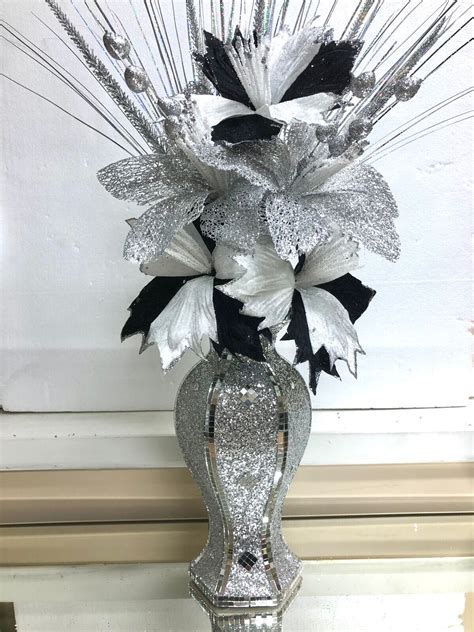 Silver Vase With Flowers Mosaic Crushed Crystal Romany Glitter Bling