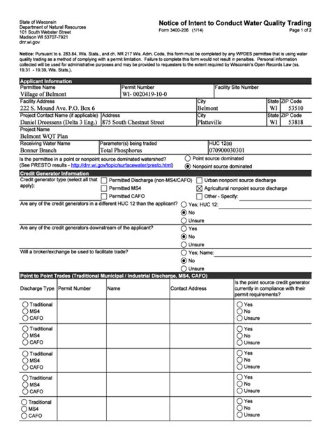 Fillable Online Dnr Wisconsin Notice Of Intent To Conduct Water Quality