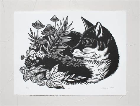 Fox Original Linocut On Paper Relief Print Hand Printed Signed 14