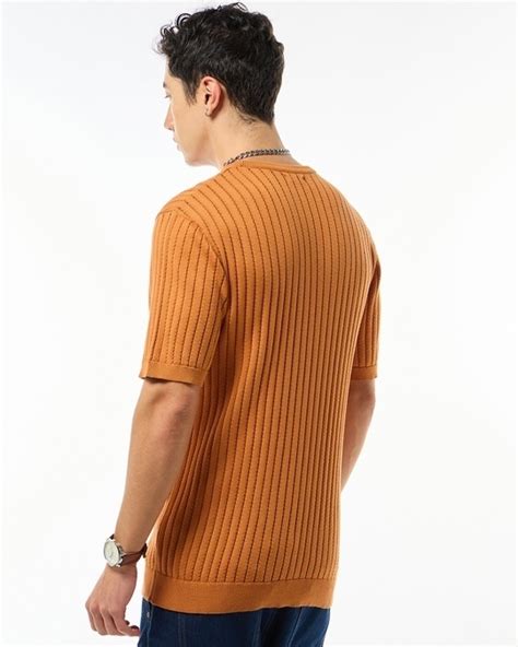 Buy Men S Orange Textured Flatknit T Shirt Online At Bewakoof