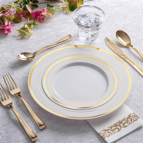 125 Piece White And Gold Fancy Plastic Plates Disposable With