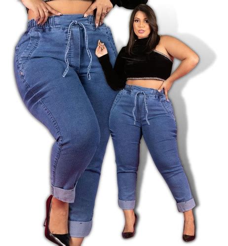 Calça Jogger Jeans Feminino Elastico Na Perna Plus Size