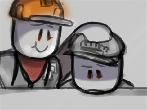 A Drawing Of Two People Wearing Hardhats One Is Smiling And The Other