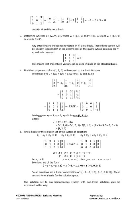 Vectors And Matrices Basis And Dimension Pdf