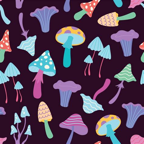 Abstract Neon Seamless Pattern With Psychedelic Hallucination Mushrooms