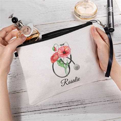 Personalized Birth Flower Nurse Cosmetic Bag With Stethoscope Custom