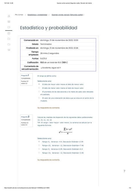 Examen primer parcial Segunda vuelta Revisión del intento Estadística