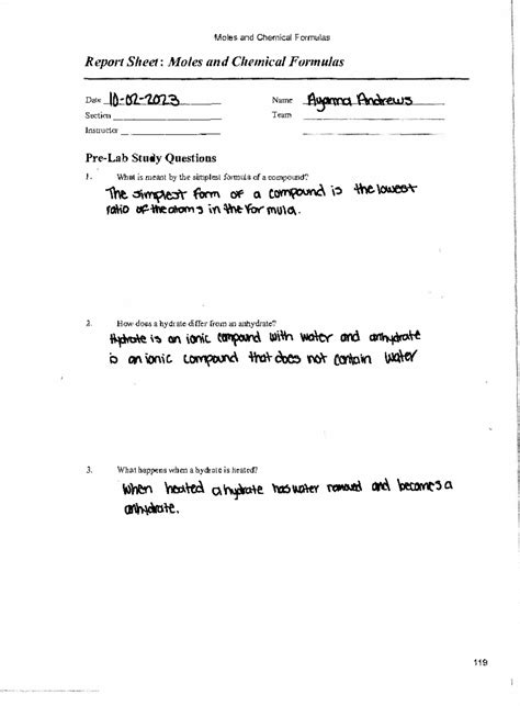 Lab Prelab And Post Lab Questions Fillable Moles And Chemical