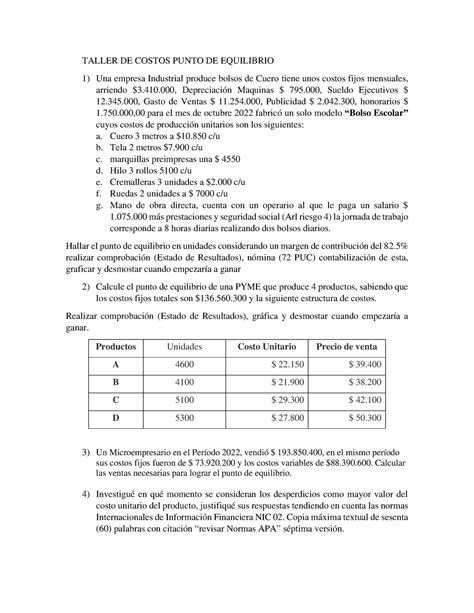 Taller Punto Equilibrio TALLER DE COSTOS PUNTO DE EQUILIBRIO Una