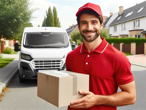 Amigable Hombre De Entrega En Uniforme Rojo Sonriendo Mientras Sostiene