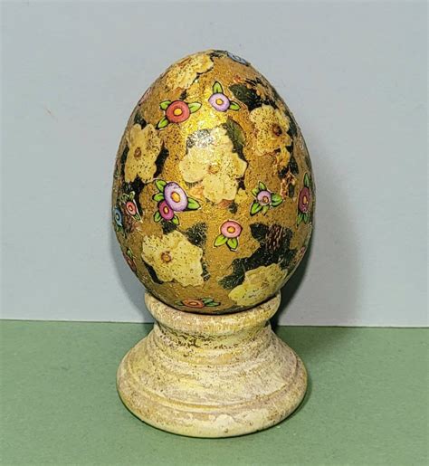 Golden Flower Decoupaged Paper Mache Egg On Wooden Stand W Glitter