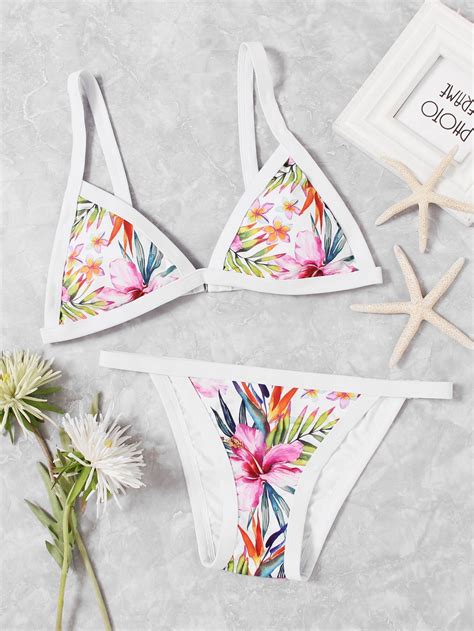 Contrast Piping Triangle Top With Floral Bikini Set Floral Bikini Set