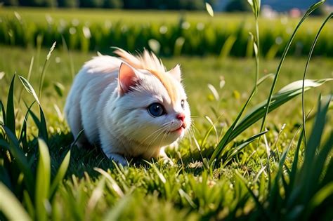 Een Witte Kat Met Een Gele Streep Op Zijn Kop Loopt Door Het Gras