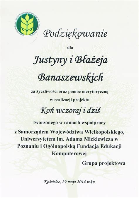 Podziękowania za udział w projekcie Koń wczoraj i dziś Stadnina