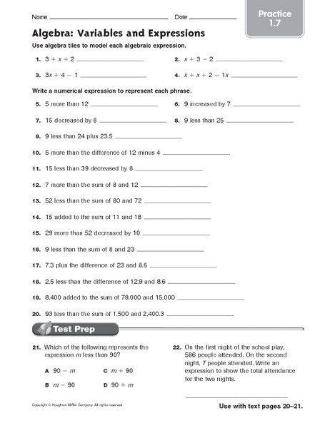 Expressions With Variables Worksheet