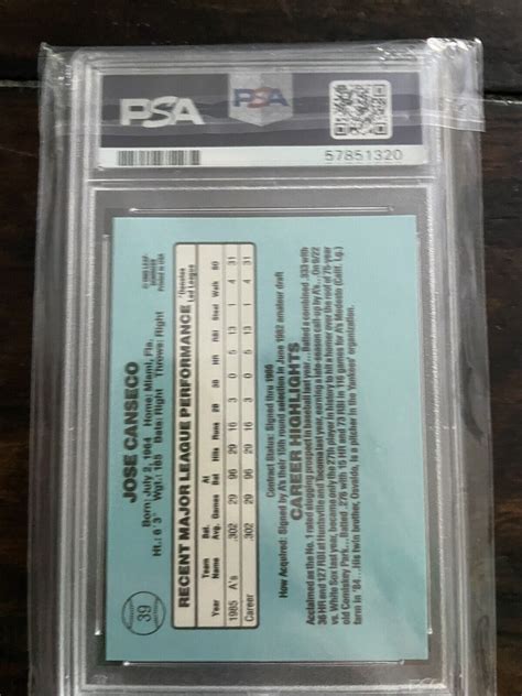 1986 DONRUSS JOSE CANSECO RATED ROOKIE RC PSA 9 CENTERED EBay