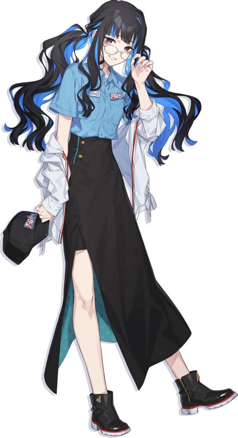 Safebooru 1girl Adjusting Eyewear Black Footwear Black Hair Blue Hair