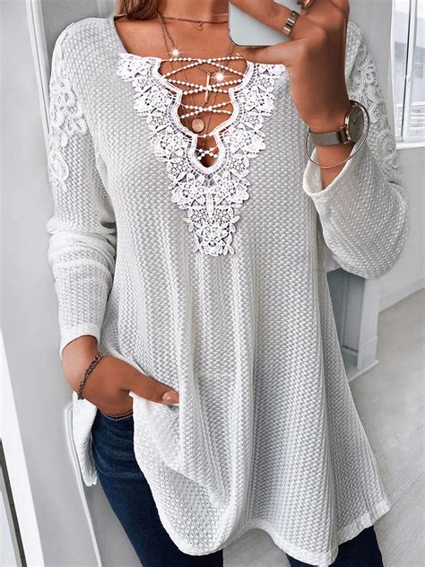 Women S Blouses V Neck Lace Stitching Long Sleeve Blouse In 2022