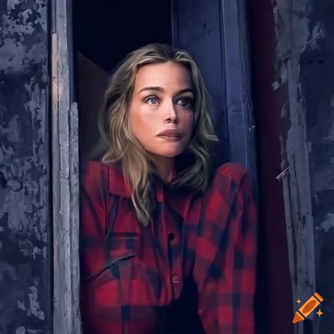 Blonde Actress In Red Plaid Shirt And High Waist Black Leather Trousers