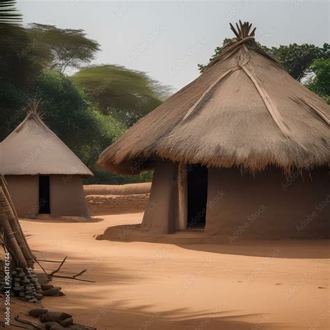 A Traditional African Mud Hut Village With Thatched Roofs Stock