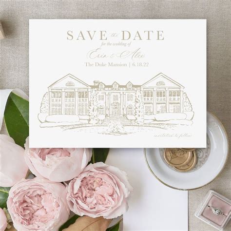 Custom Save The Date With Venue Illustration Wedding Venue Line