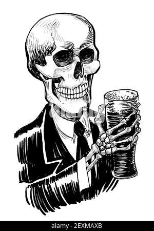 Human Skeleton Drinking Alcohol Ink Black And White Drawing Stock