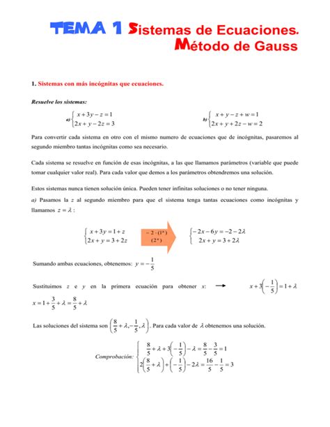 Tema 1 Sistemas De Ecuaciones Método De Gauss