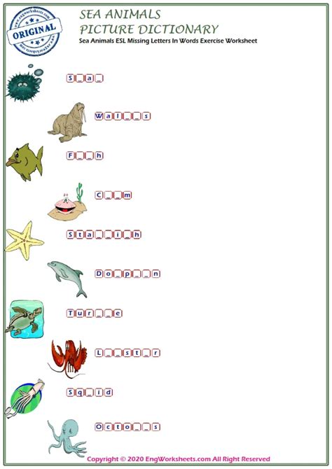 Sea Animals Printable English Esl Vocabulary Worksheets Engworksheets