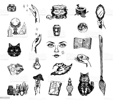 Set Of Witch Attributes Inventory Jars Books Of Magic Esoteric Items Tarot Cards Sketches Vector