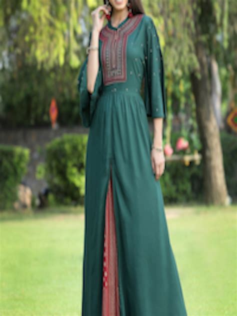 Buy Juniper Women Green Ethnic Motifs High Slit Sequinned Kurta With