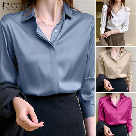 Esolo Zanzea Korean Style Womens Formal Silky Satin Tops Long Sleeve