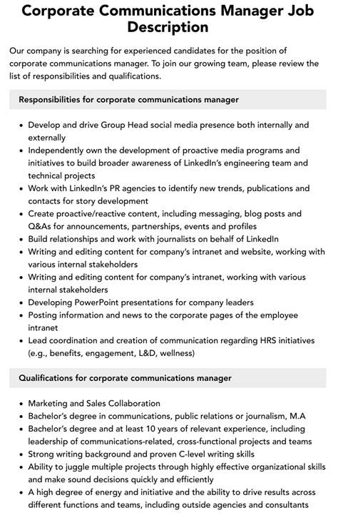 Corporate Communications Manager Job Description Velvet Jobs