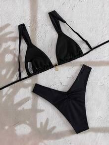 Swim Vcay Maiô Bikini de peças alça larga preta franzido