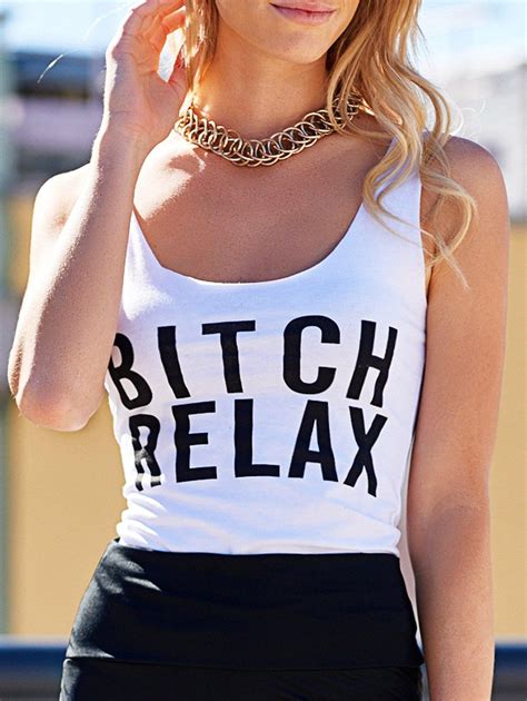 [17 Off] 2021 Scoop Neck Letter Print Low Cut Women S Tank Top In White Dresslily