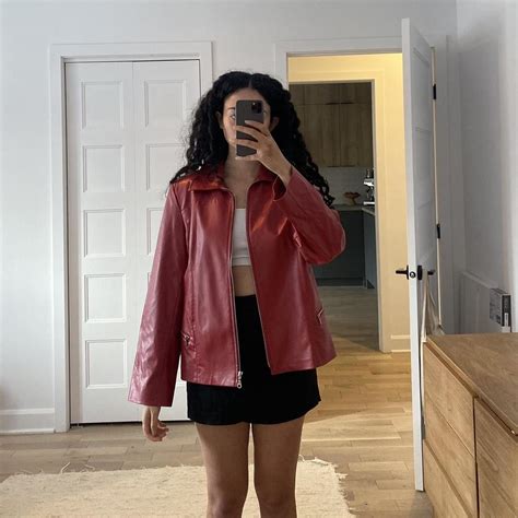 Red faux leather jacket size L from Manteaux Manteaux - Depop