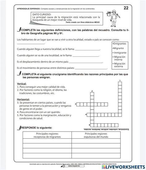 Migración worksheet for quinto grado 5to grado School subjects