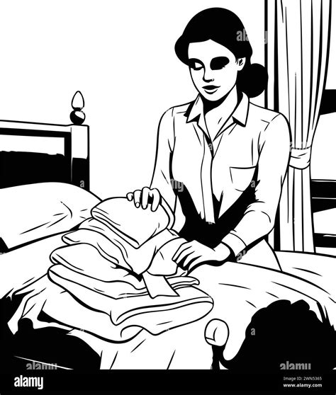 Woman Ironing The Clothes On The Bed Black And White Vector Illustration Stock Vector Image