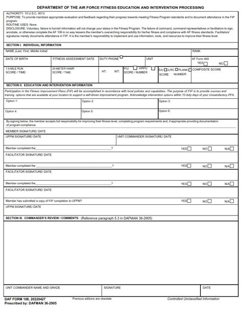 Daf Form 108 The Department Of The Air Force Fitness Education And