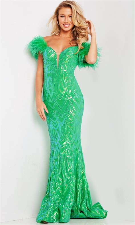 Long Sequin Print Prom Dress With Feathers