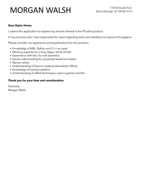 Fx Artist Cover Letter Velvet Jobs