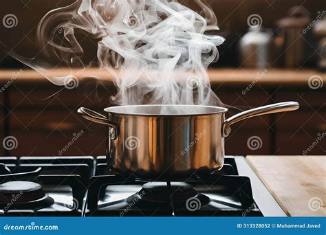 Stainless Steel Pot On Gas Stove Emits Swirling Steam At Home Stock