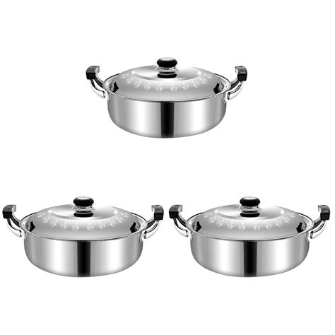 NISHUNA 3pcs Dual Handle Hotpot Pot Stainless Steel Divided Hot Pot Multi Function Stockpot Home