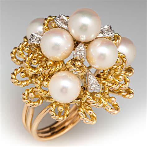 Diamond Akoya Pearl Cocktail Ring 14K Yellow Gold