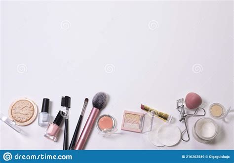 Beauty Background With Facial Cosmetic Make Up Products Free Space For Text Copy Space Stock