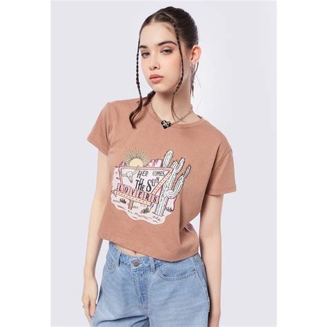 Jual COLORBOX Short Sleeve Graphic Crop T Shirt Brown Shopee Indonesia