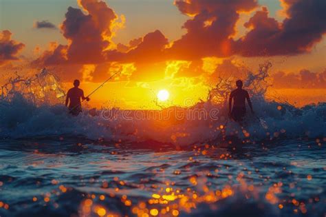 Four Fishermen Cast Lines In The Ocean At Sunrise Stock Photo Image