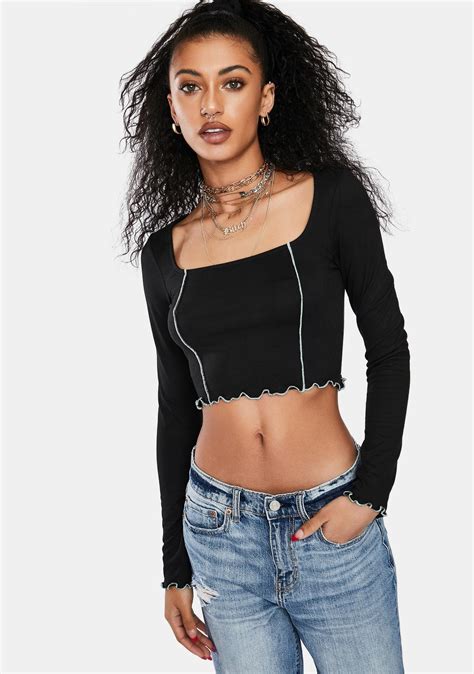 Long Sleeve Contrast Stitch Lettuce Hem Crop Top Black Dolls Kill